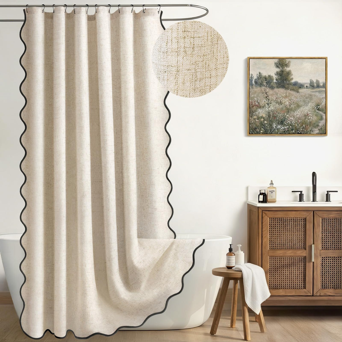 Scalloped Shower Curtain Linen Boho Beige 72" W x 72" L