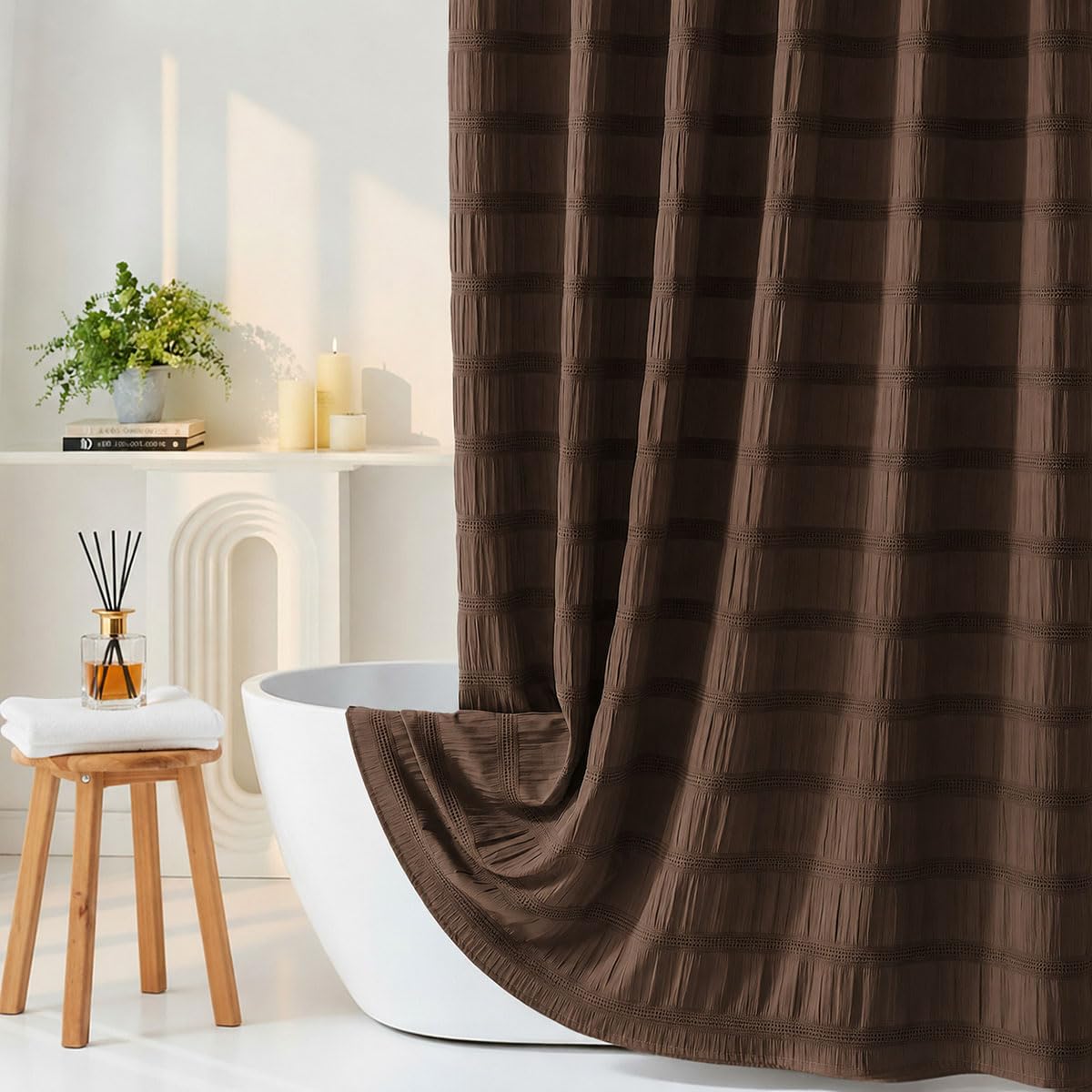 Extra Long White Shower Curtain Farmhouse,72 x 96 Cotton Blend Waffle Tufted Striped Chic Textured Fabric Shower Curtain for Bathroom, Hotel, Washable