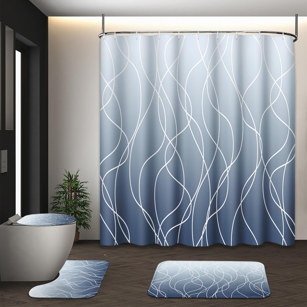 Bathroom Sets with Shower Curtain and Rugs Set of 4 Geometric Brown