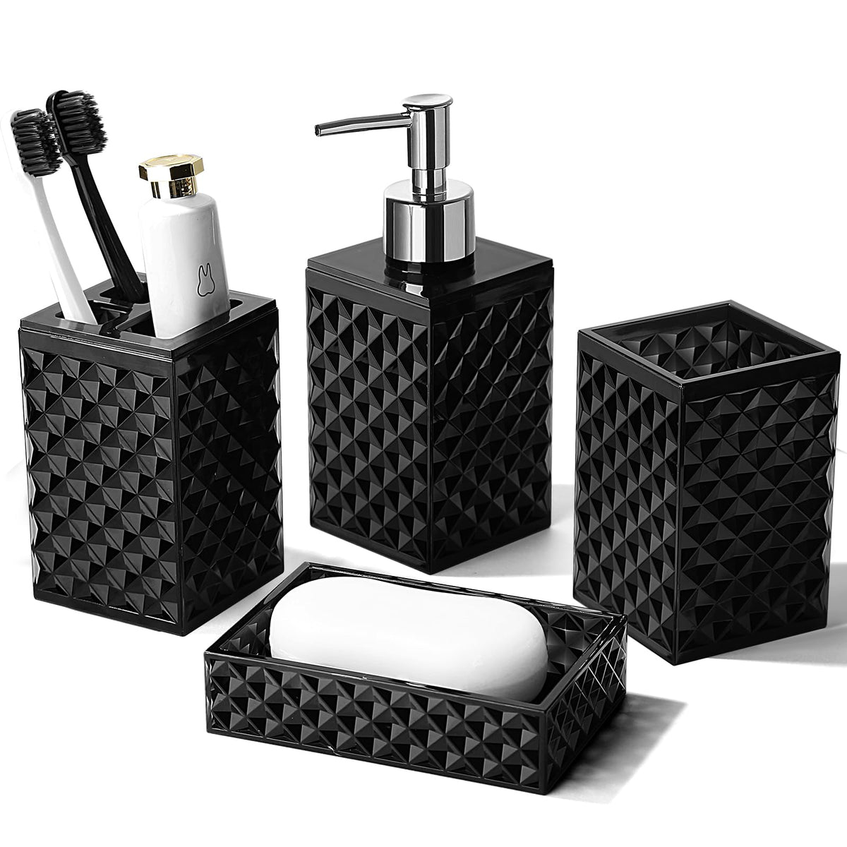 RYTOXILO Black Bathroom Accessories Set, 4 Pack Matte Black Bath Accessory Sets Complete, Acrylic Soap Dispenser and Toothbrush Holder Set for Bathroom Counter Sink, Modern Bathroom Decor