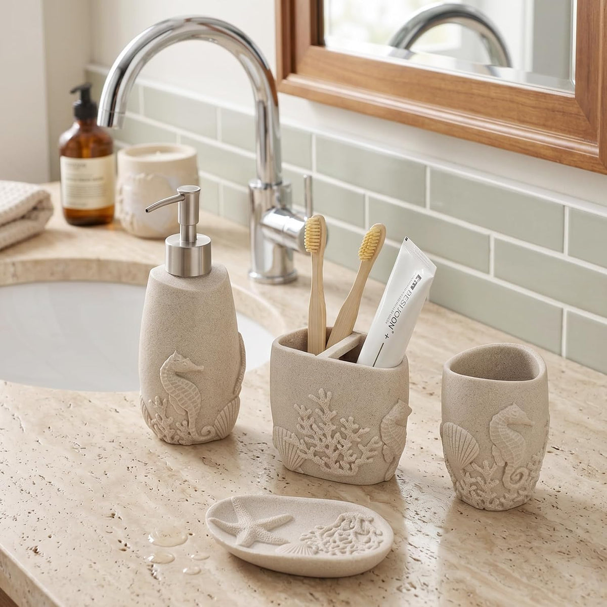 Bathroom Accessories Set, 4 PCS, Sea Bathroom Decor, Sandstone Look Beige