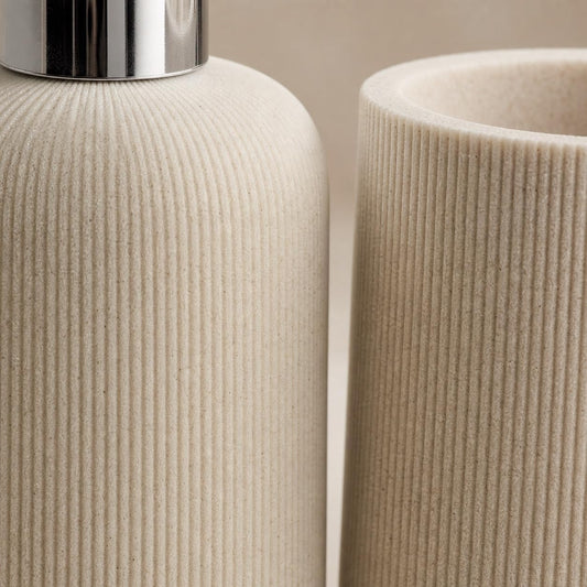 2 Piece Sandstone Resin Bathroom Accessories Set, Ribbed Soap Dispenser and Toothbrush Holder, Cream Beige Speckled Vanity Countertop Set with Chrome Pump for Bathroom
