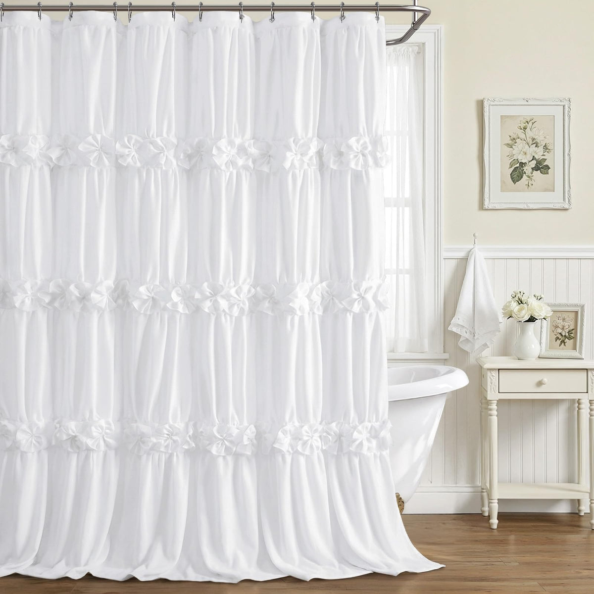 Boho Ruffle Farmhouse Fall Linen Shower Curtain Vintage Cream 72" W x 72" H