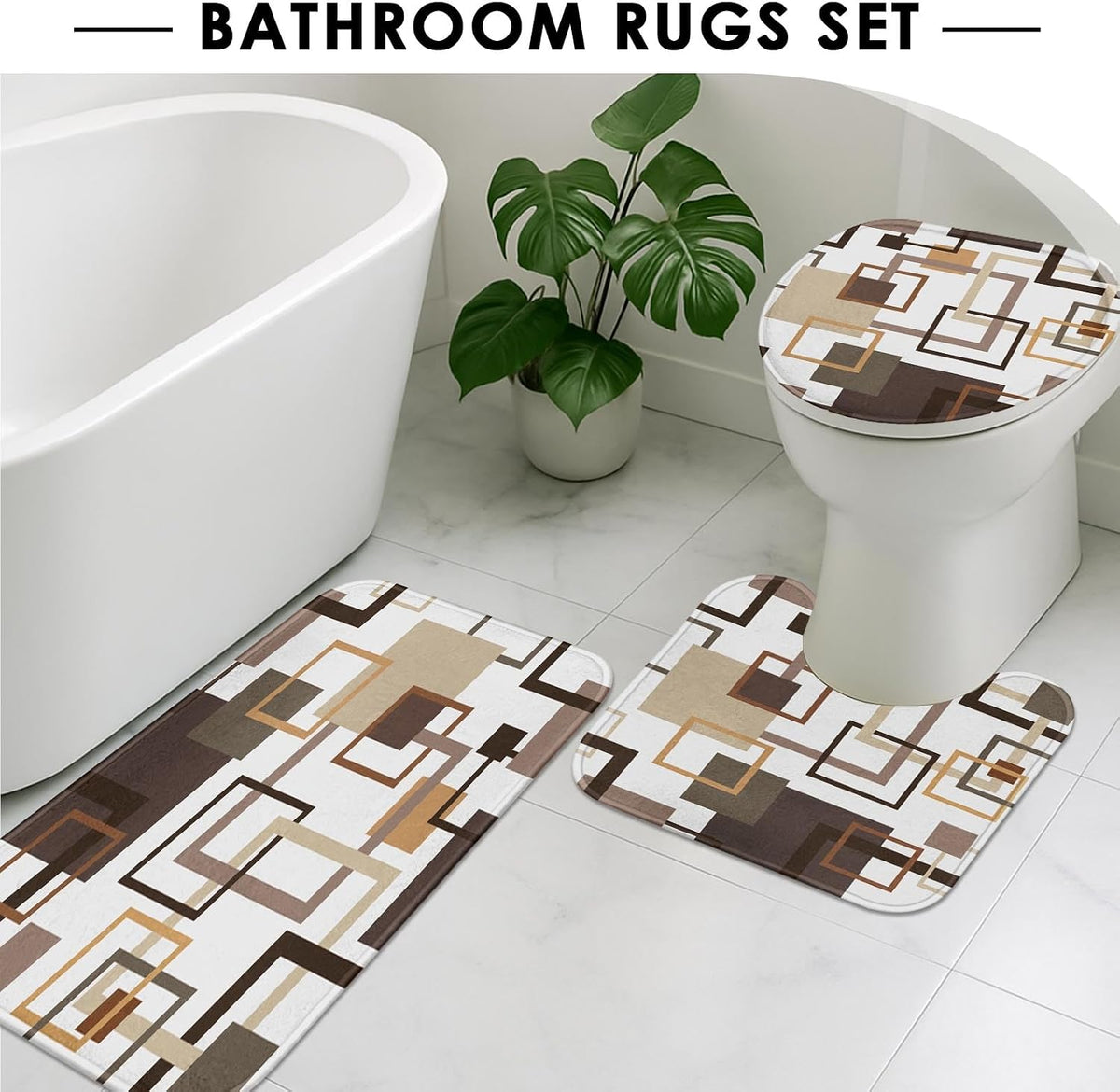 Bathroom Sets with Shower Curtain and Rugs Set of 4 Geometric Brown