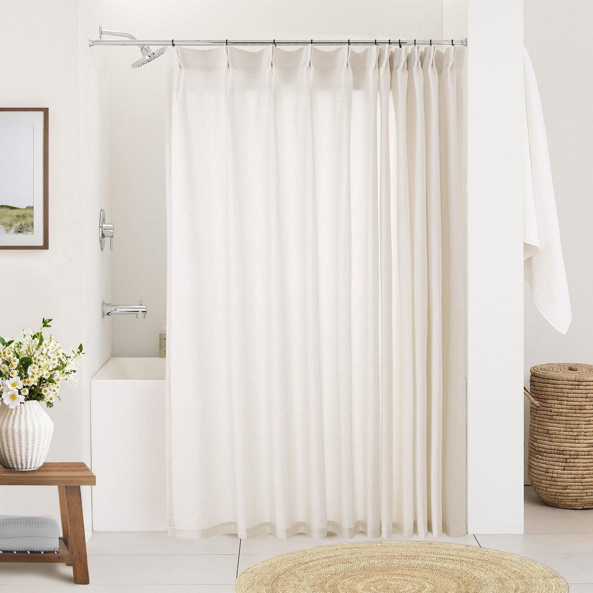 72 Inch Linen Pleated Shower Curtain Burlywood Birch Semi Sheer
