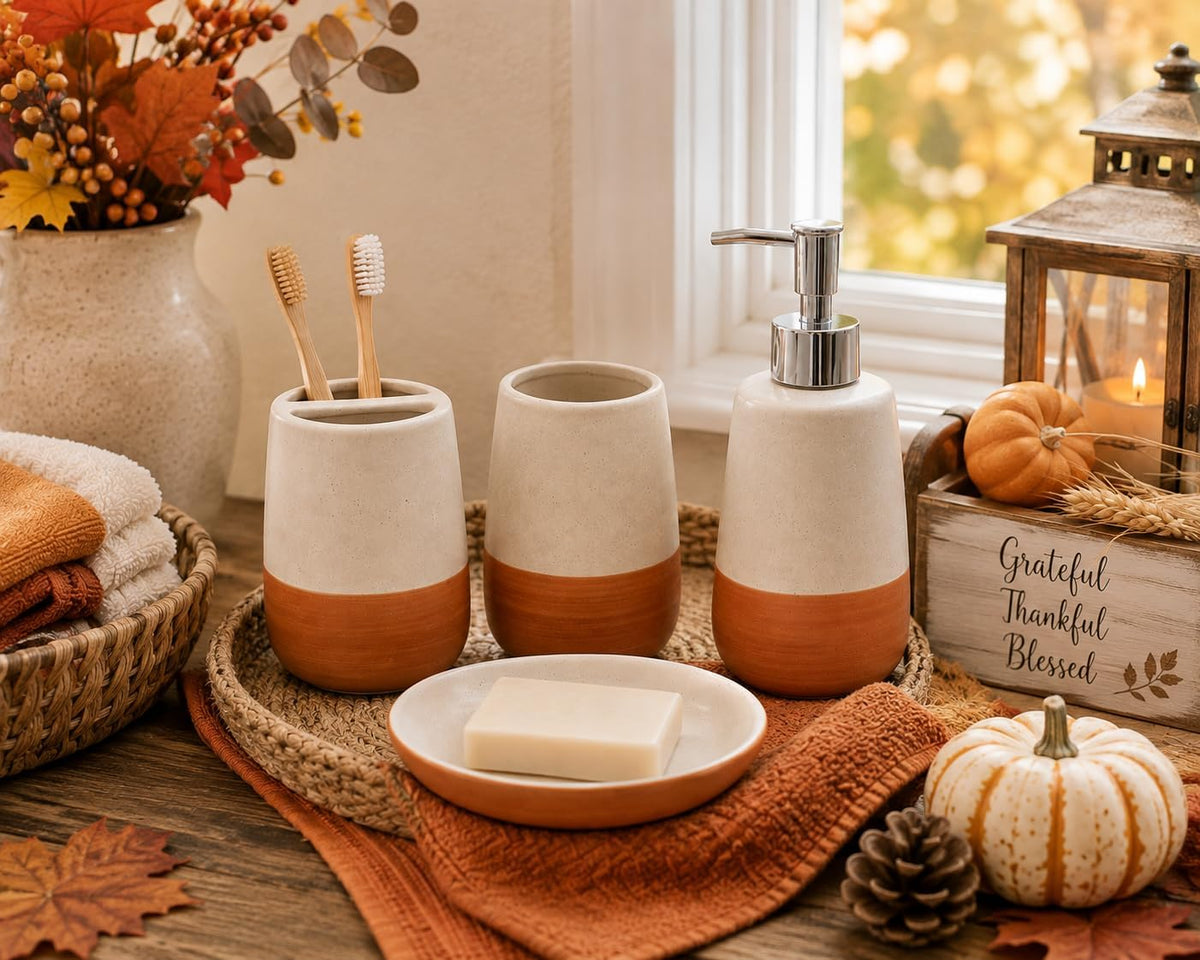 4 Piece Ceramic Bathroom Accessories Set, Soap Dispenser, Toothbrush Holder, Tumbler and Soap Dish, Speckled White & Terracotta Bathroom Counter Set, Modern Boho Farmhouse Decor 2. Product Description