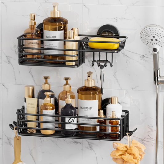 LEVERLOC Shower Caddy Suction Cup, 2 Pack Shower Shelves for Inside Shower with Hooks & Soap Holder, NO-Drilling Bathroom Shower Organizer, Rustproof Meatl Shower Holder Storage, Black