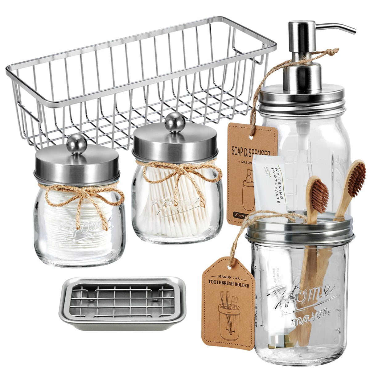 SheeChung Mason Jar Bathroom Accessories Set,6Pcs Rustic Bathroom Set,Brown
