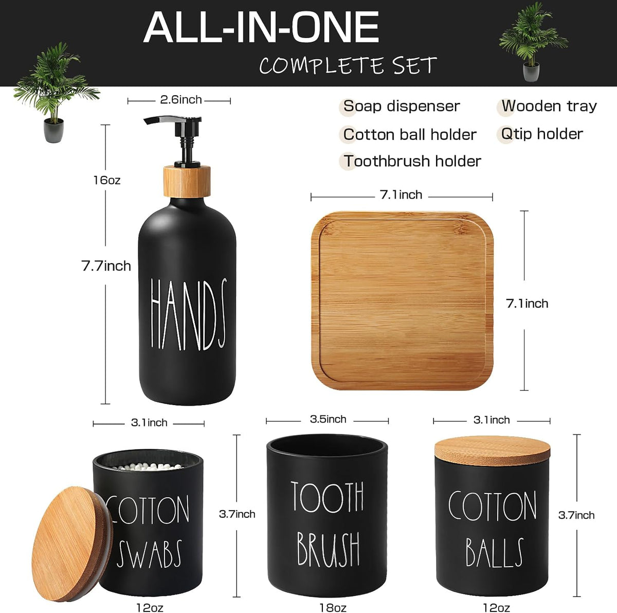 Matte Black Bathroom Accessories Set, 5 Pcs Glass Bathroom Accessory Set with Bamboo Tray, Soap Dispenser and Toothbrush Holder Set, Qtip Holder Set, Farmhouse Boho Bathroom Set Complete