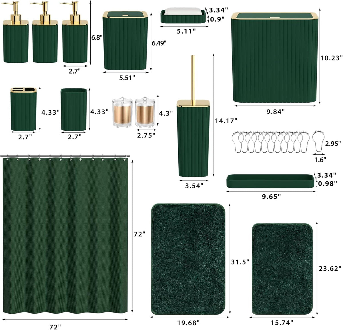 Bathroom Sets with Shower Curtain and Rugs - Elegant Bathroom Set, 27PC Bathroom Accessories Set, Green Bathroom Set, Mini Trash Can, Toilet Brush, Trash Can & Soap Dispenser