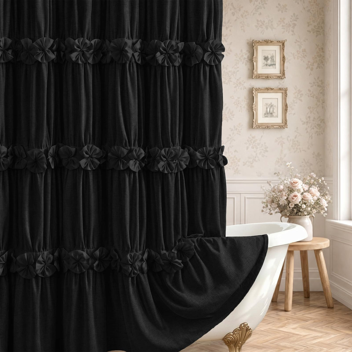 Boho Ruffle Farmhouse Fall Linen Shower Curtain Vintage Cream 72" W x 72" H