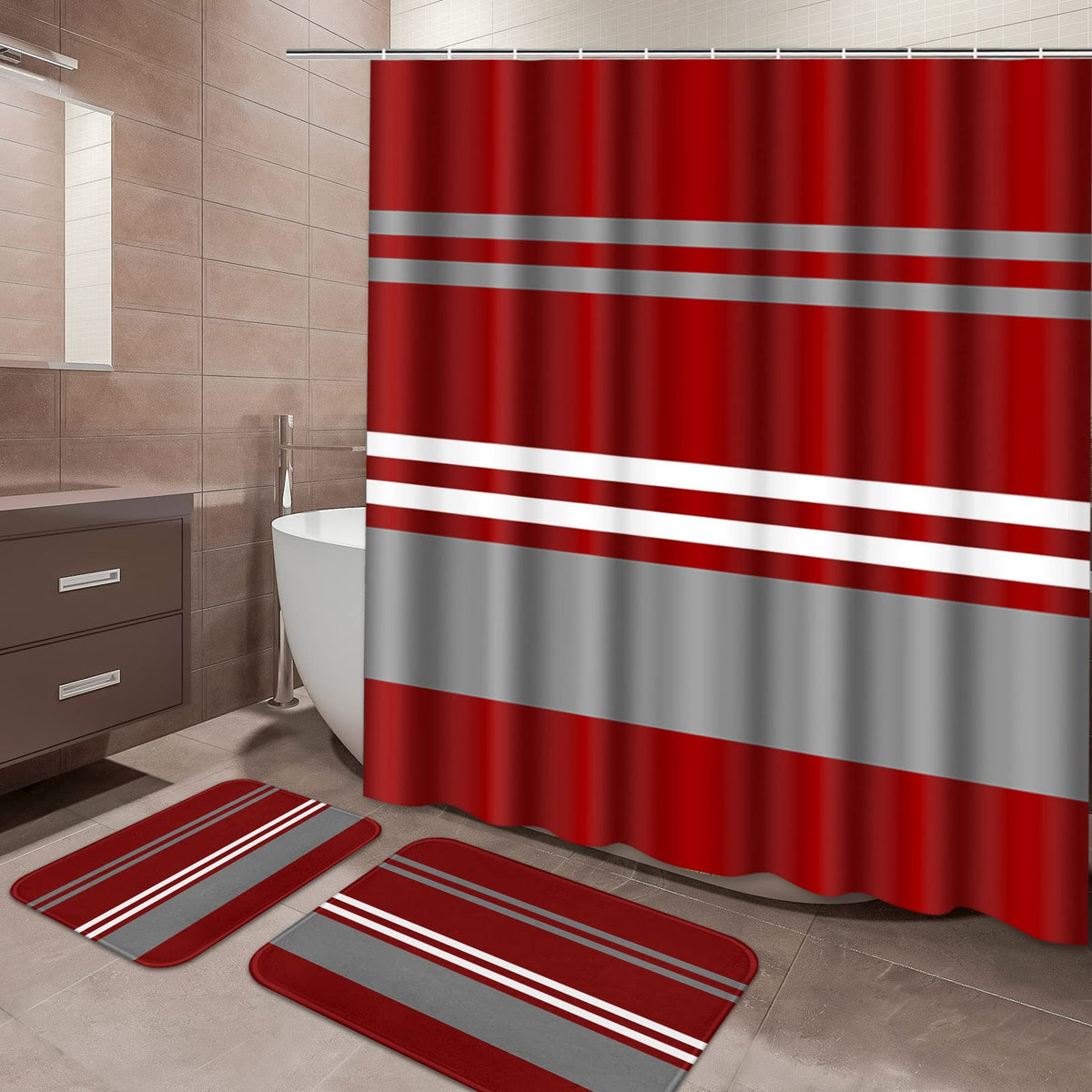 ArtSocket Bathroom Set of 3, Shower Curtain and Bath Rugs Beige Striped