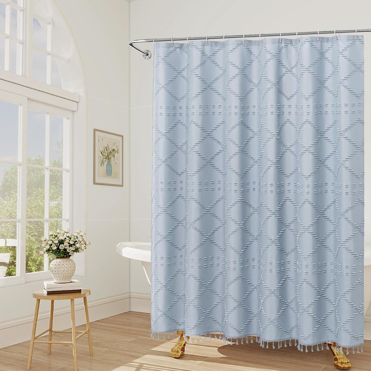 Blue Boho Woven Fabric Shower Curtain with Tassel 72 x 72, Tufted Textured