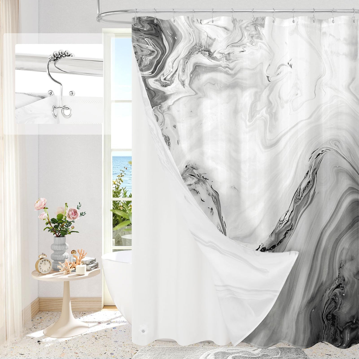 Blue Marble Fabric Shower Curtain, Abstract Watercolor, 72 x 72 Inches