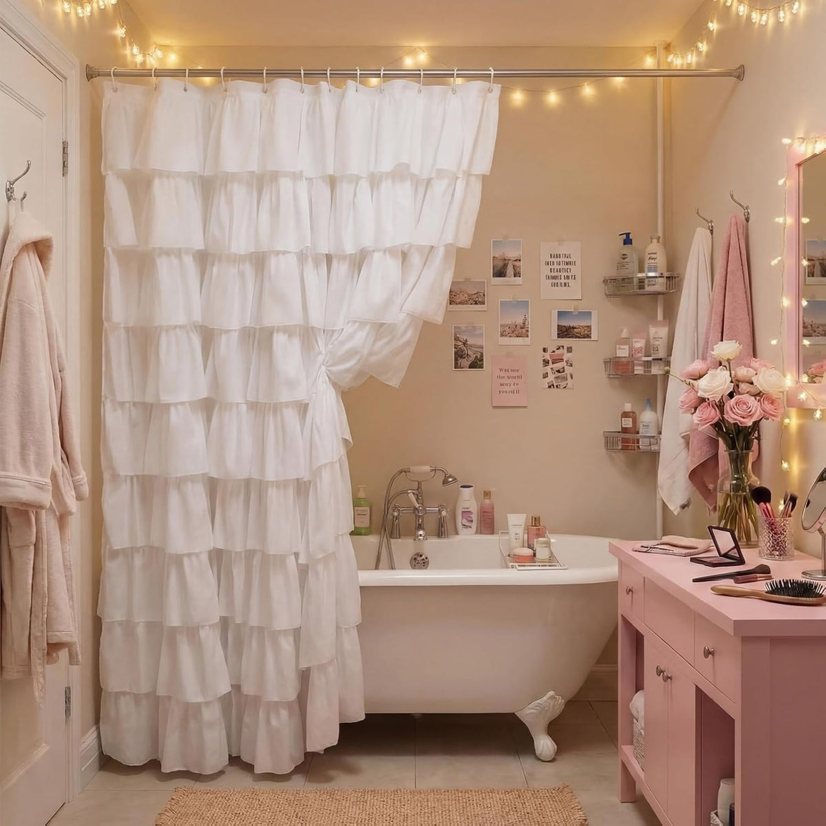 Hahafelt White Dorm Ruffle Shower Curtain 72 x 72 Inches, Ruffle