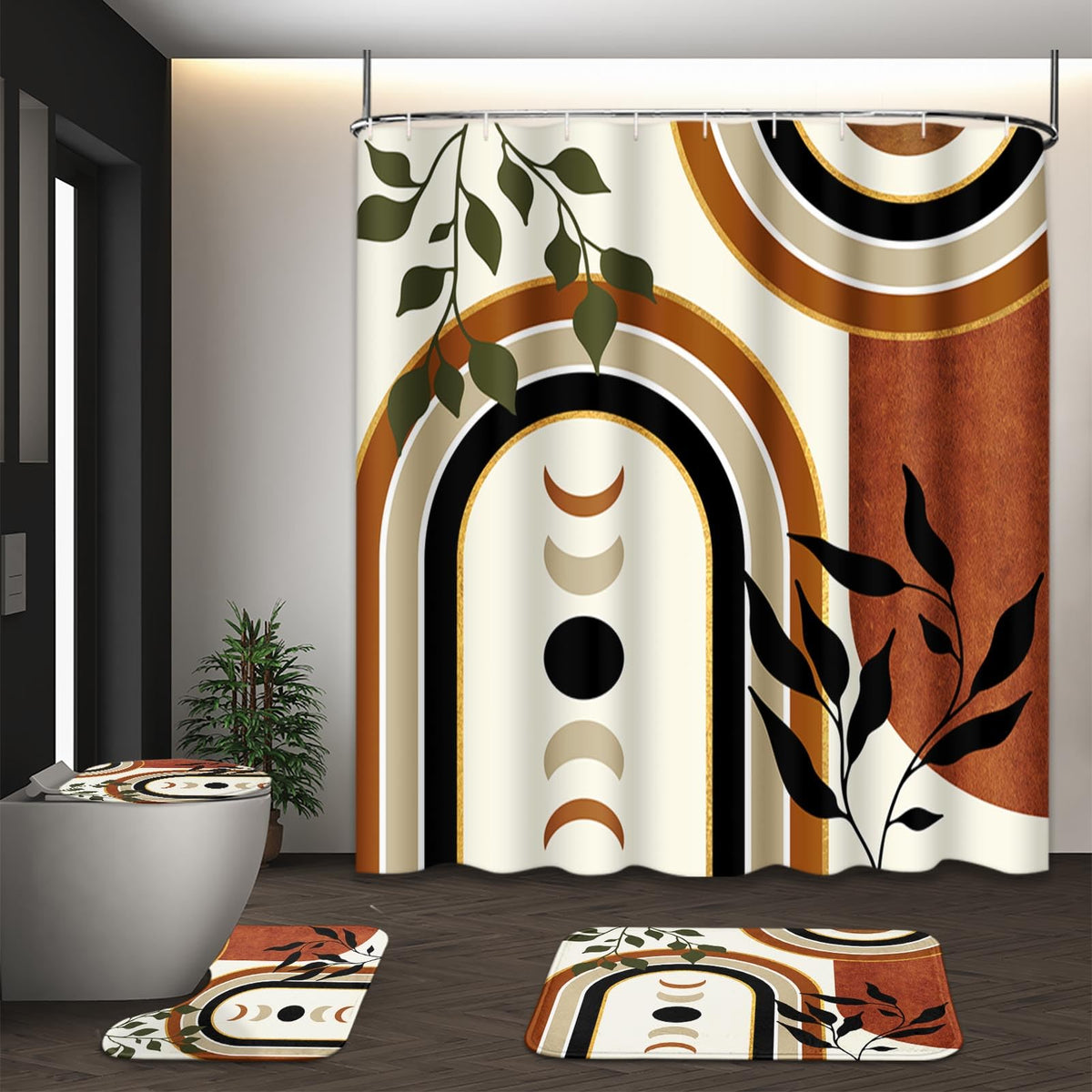 Bathroom Sets with Shower Curtain and Rugs, Set of 4, Boho Sage
