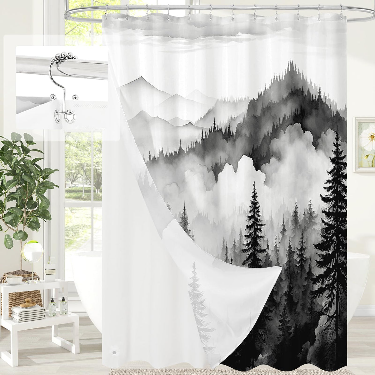 Dark Green Pine Forest Shower Curtain, Misty Woodland, 72 x 72 Inches