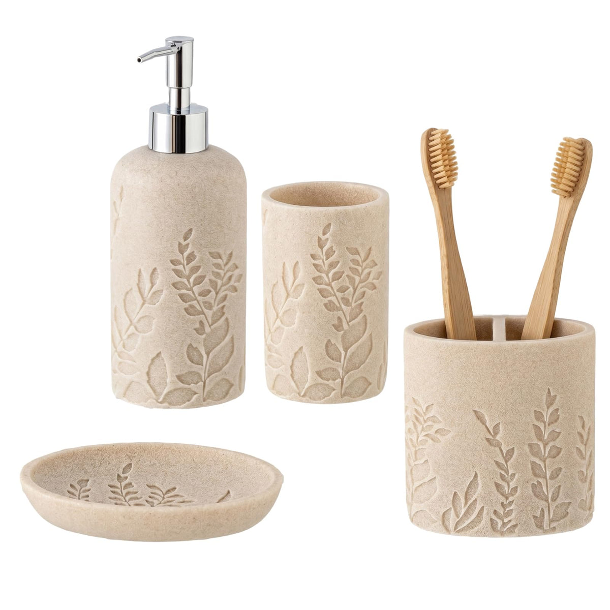 Bathroom Accessories Set, 4 PCS, Sea Bathroom Decor, Sandstone Look Beige