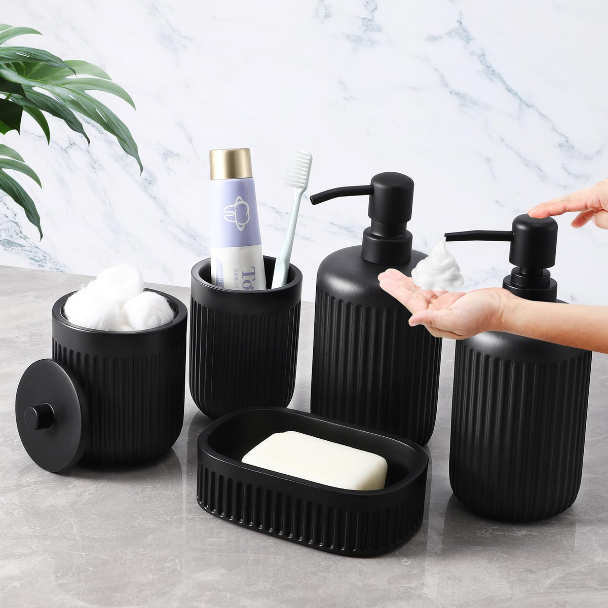 XLHOMO Resin Matte Black Bathroom Accessories Set 5 Pcs, Lotion Soap Dispenser, Toothbrush Holder, Bathroom Tumbler, Qtip Holder and Vanity Tray, Bathroom Countertop Organizer Set for Home Apartment