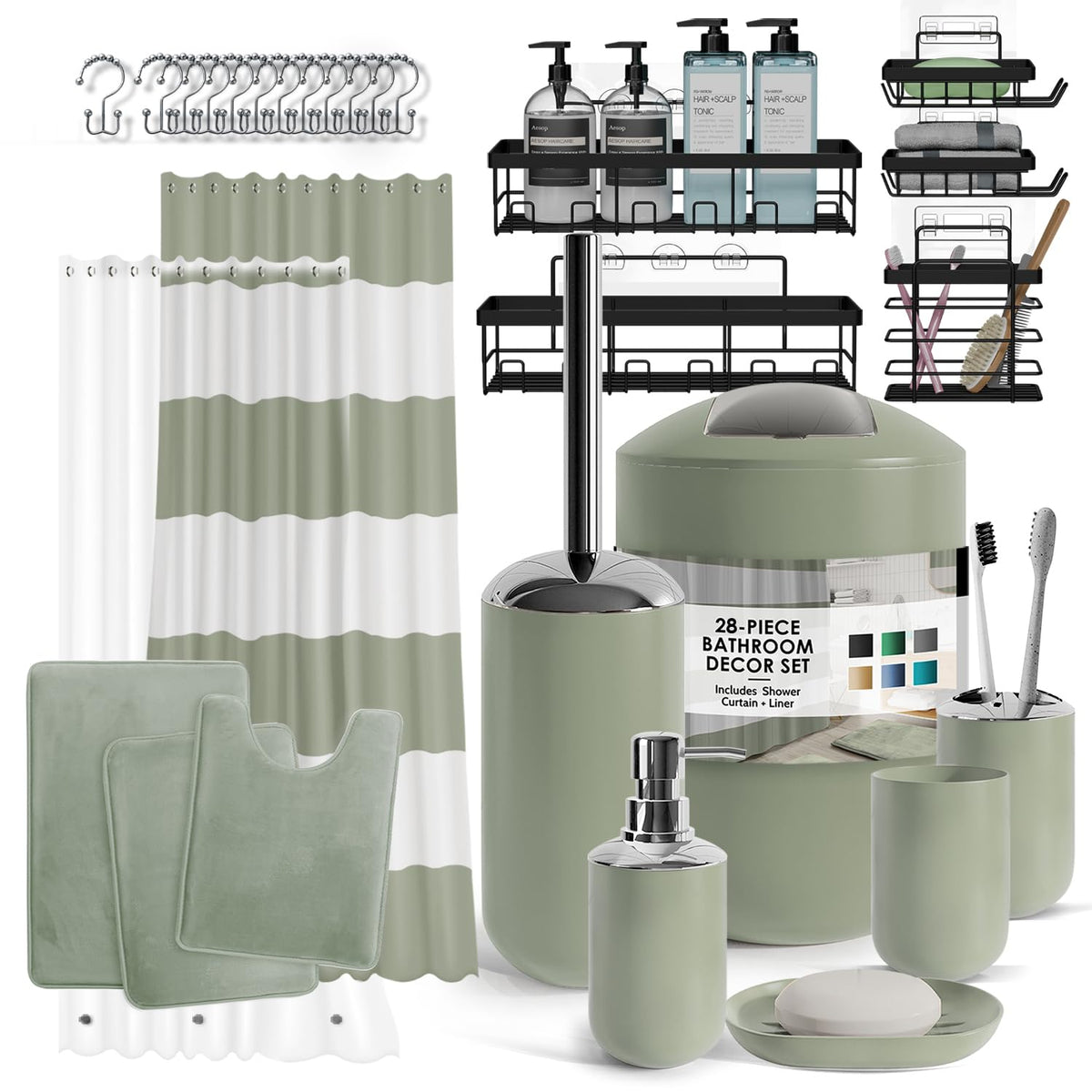 Clara Clark Bathroom Set - Navy Bathroom Accessories Set, 20PC Bathroom Accessory Set, Shower Curtain Set with Liner, Toothbrush Holder, Soap Dispenser, Soap Dish, Toilet Brush Holder, and Trash Can