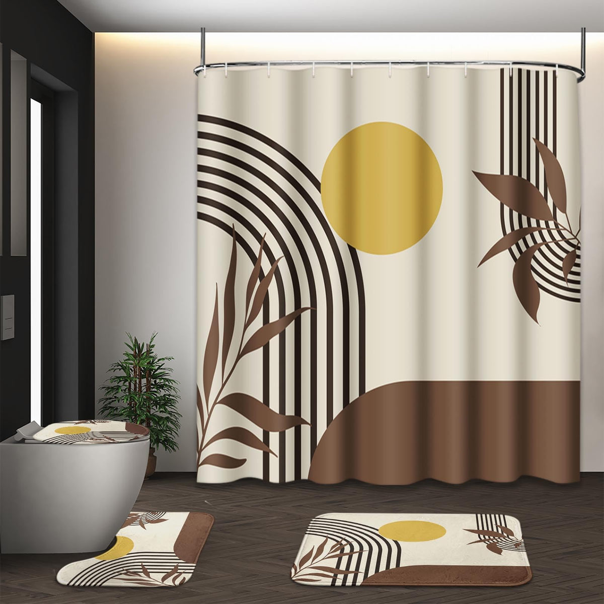 Bathroom Sets with Shower Curtain and Rugs, Set of 4, Boho Sage