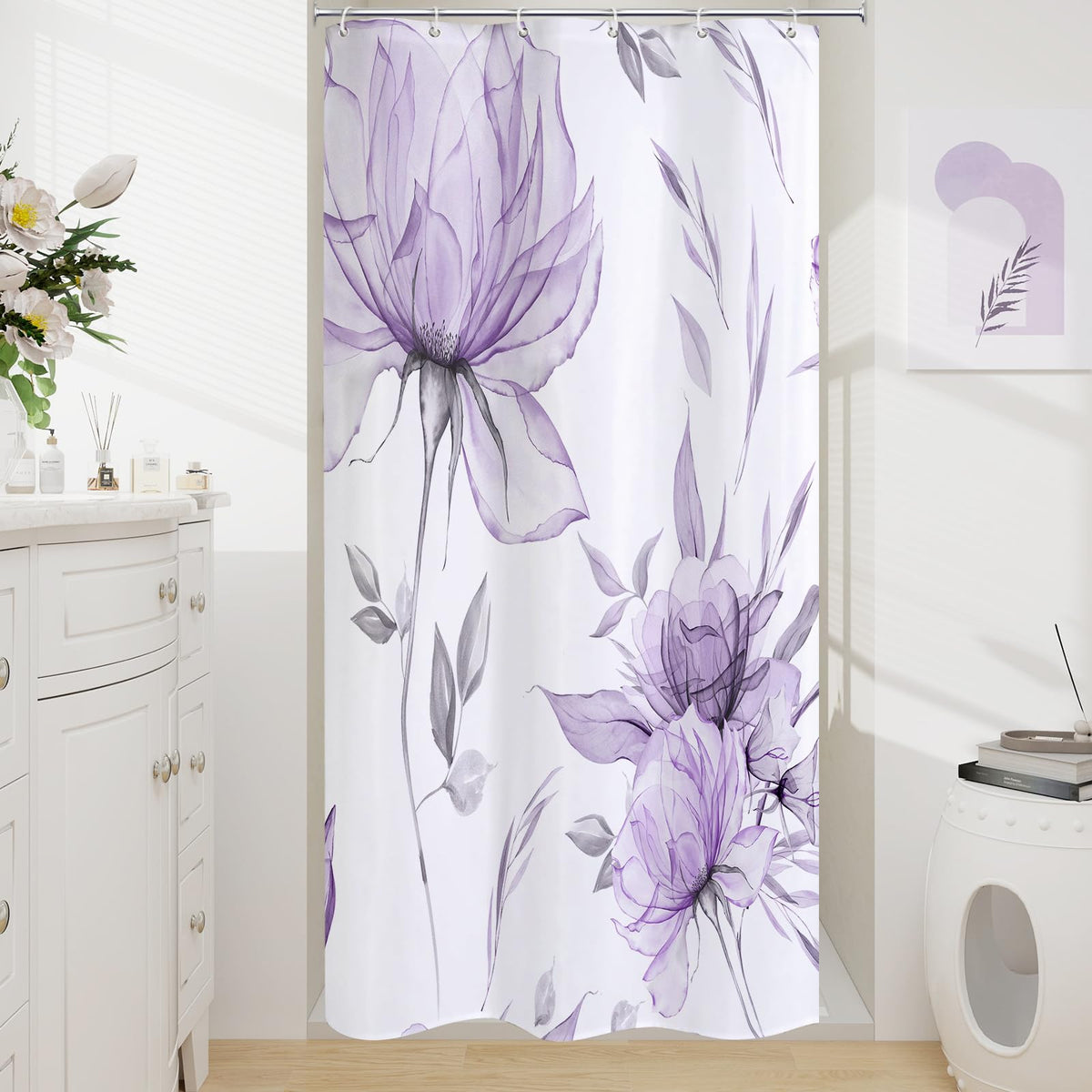 Blue Boho Floral Shower Curtain, Watercolor Botanical Design, 72 x 72