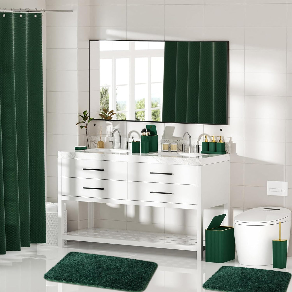 Bathroom Sets with Shower Curtain and Rugs - Elegant Bathroom Set, 27PC Bathroom Accessories Set, Green Bathroom Set, Mini Trash Can, Toilet Brush, Trash Can & Soap Dispenser