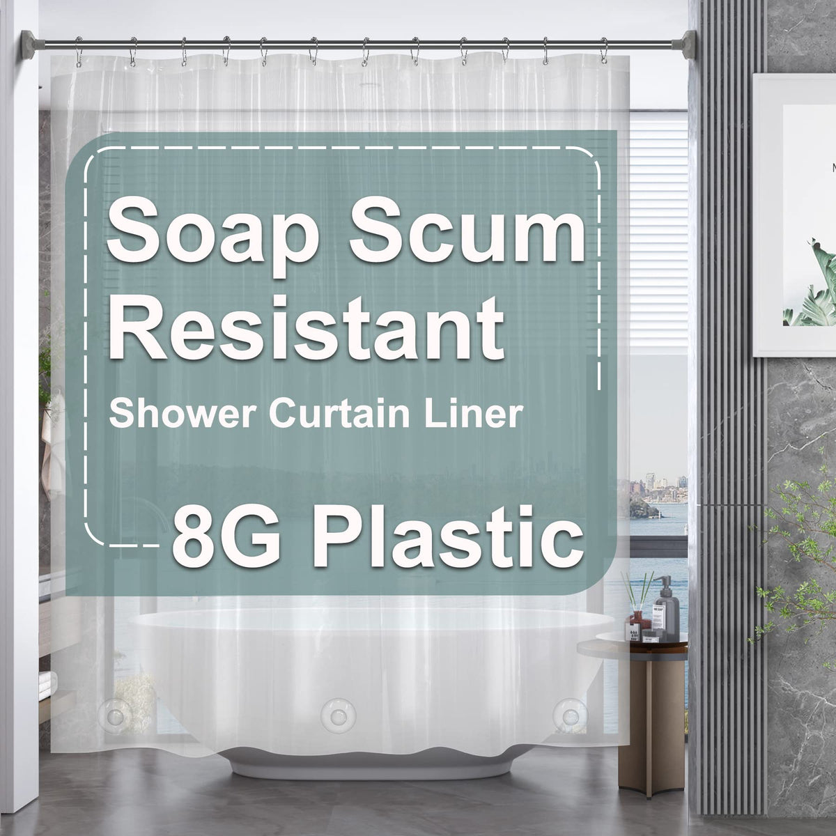 AmazerBath Plastic Shower Curtain Clear 72x74 Inches, Clear Shower Curtain Heavy Duty 8G Premium PEVA, Weighted Shower Curtains for Bathroom Accessories with 3 Big Stones and 12 Rustproof Grommets