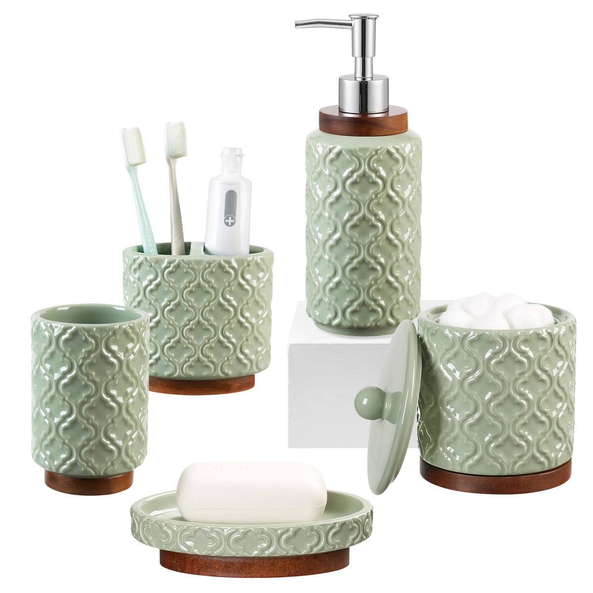 RQYIXI Ceramic Bathroom Accessories Set,White,4 Piece,Embossed Design