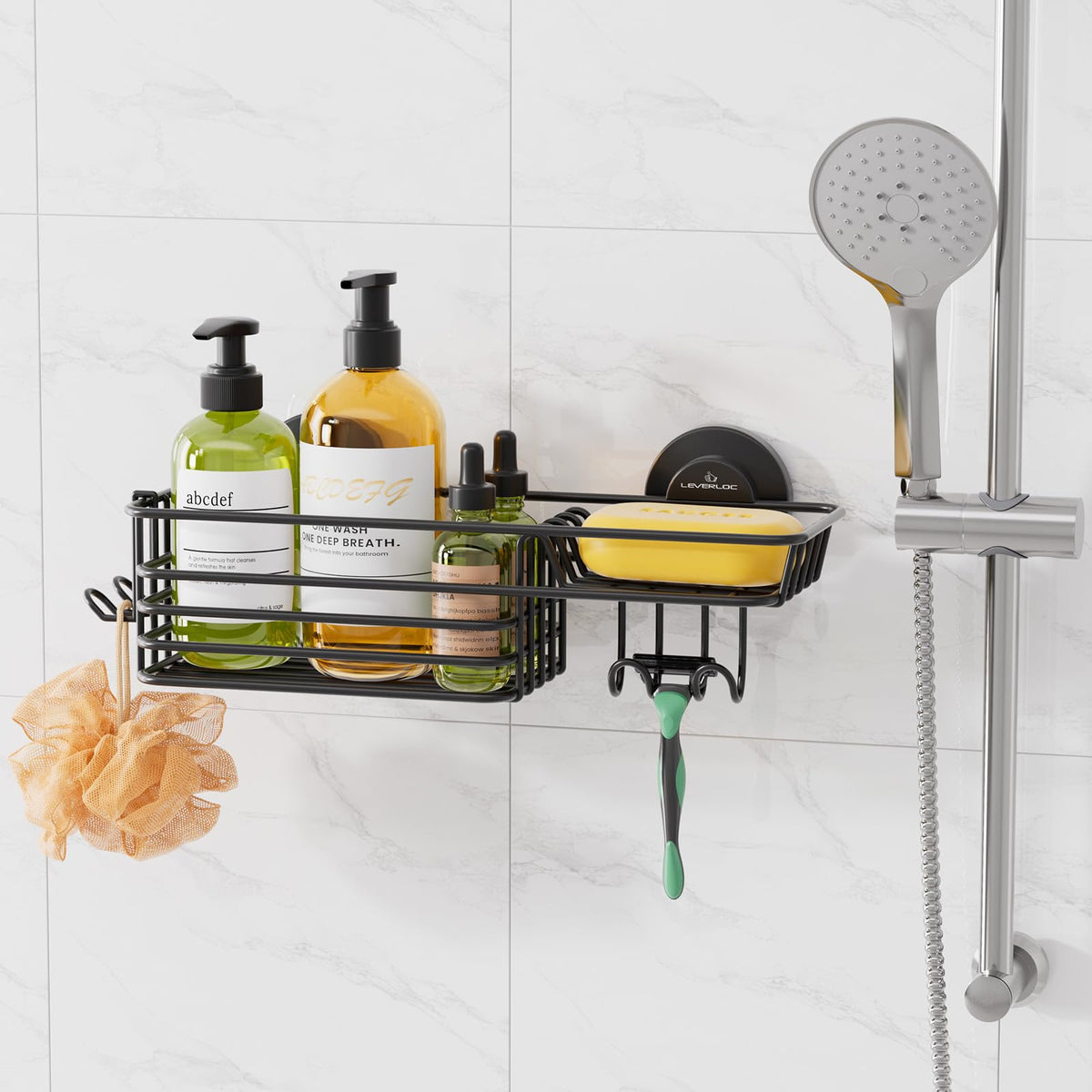 LEVERLOC Shower Caddy Suction Cup, 2 Pack Shower Shelves for Inside Shower with Hooks & Soap Holder, NO-Drilling Bathroom Shower Organizer, Rustproof Meatl Shower Holder Storage, Black
