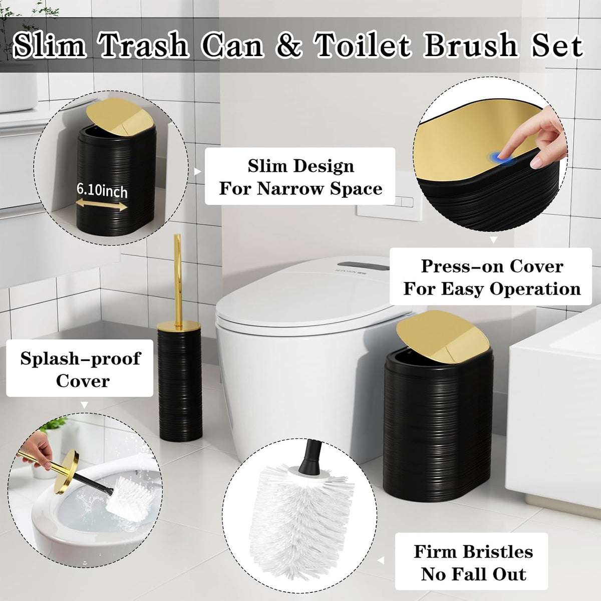 Bathroom Set, 10PC Bathroom Accessory Set, Black Bathroom Accessories, Black and Gold Bathroom Set with Trash Can, Soap Dispensers