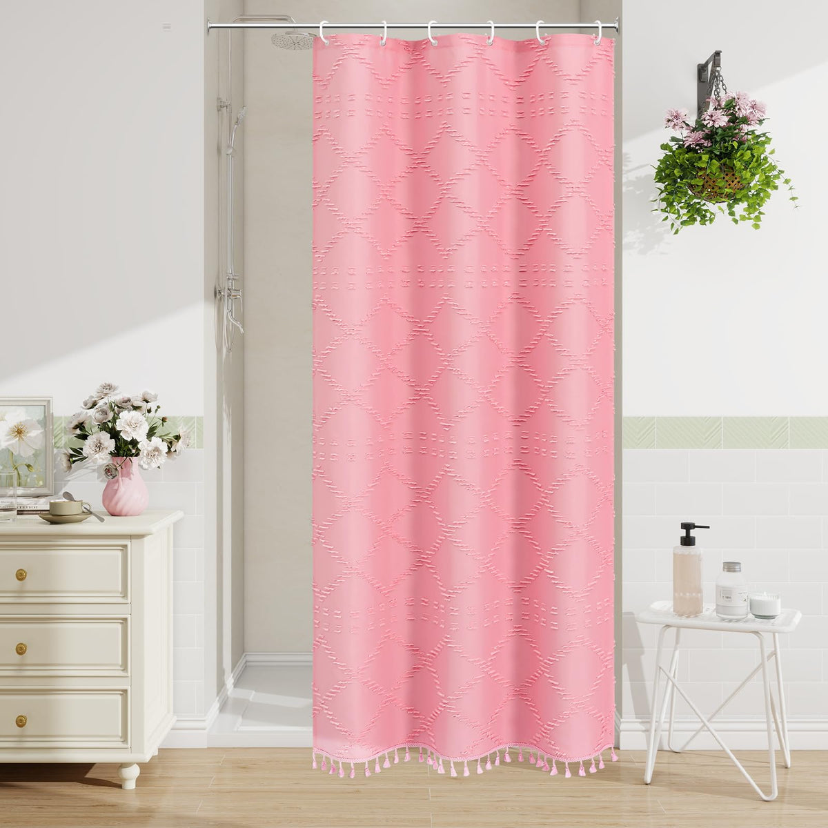 Blue Boho Woven Fabric Shower Curtain with Tassel 72 x 72, Tufted Textured