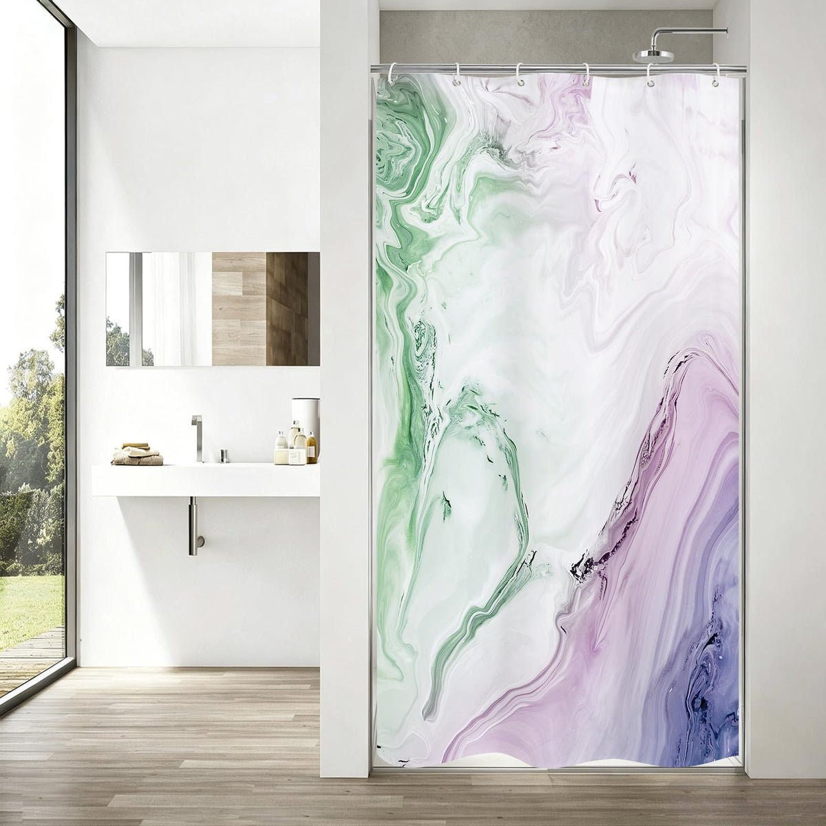 Blue Marble Fabric Shower Curtain, Abstract Watercolor, 72 x 72 Inches