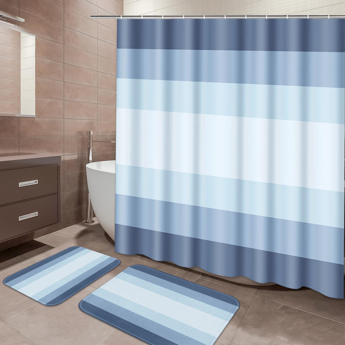 ArtSocket Bathroom Set of 3, Shower Curtain and Bath Rugs Beige Striped