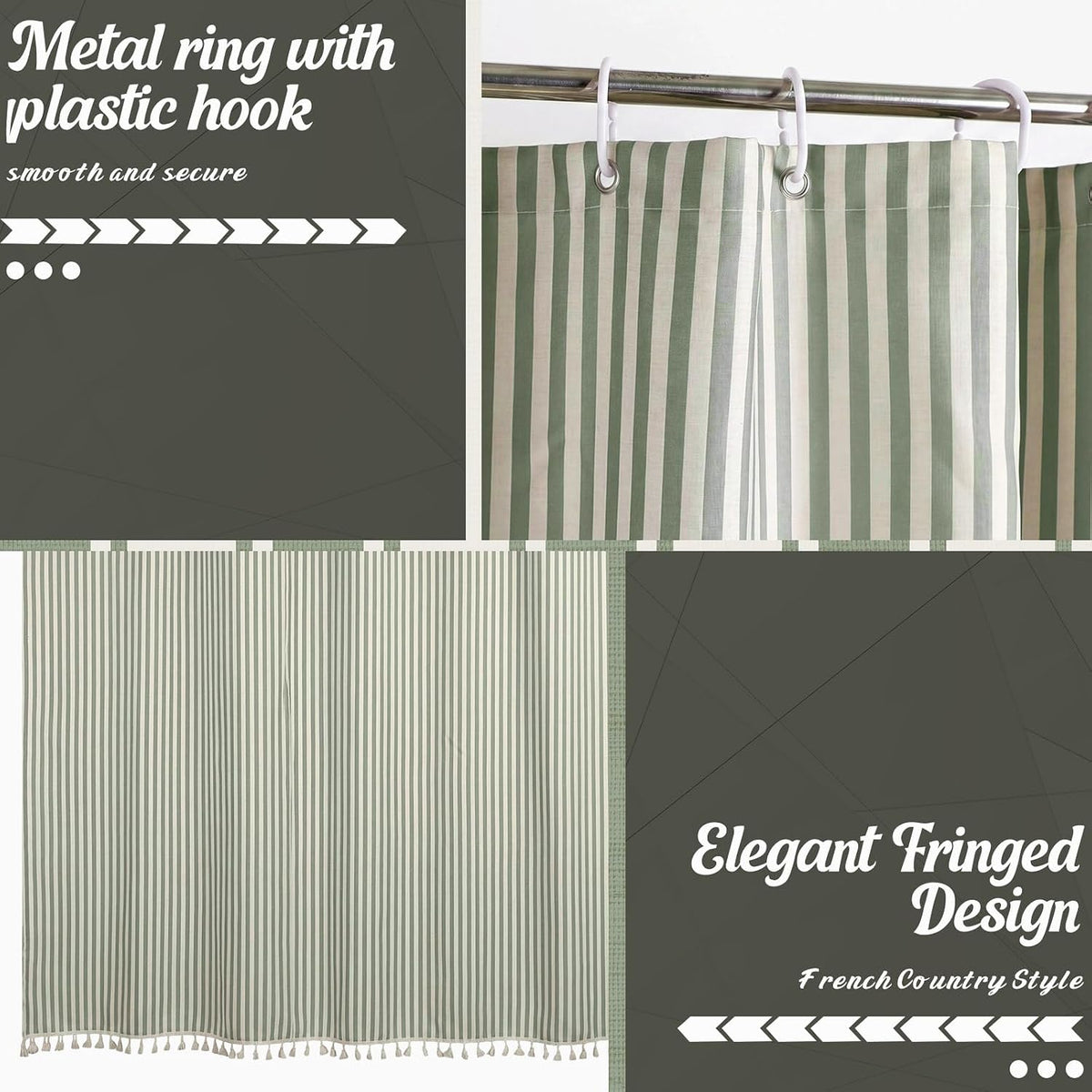 HunnmingRe Sage Green Farmhouse Striped Shower Curtain Tasseled 72x72 Inch
