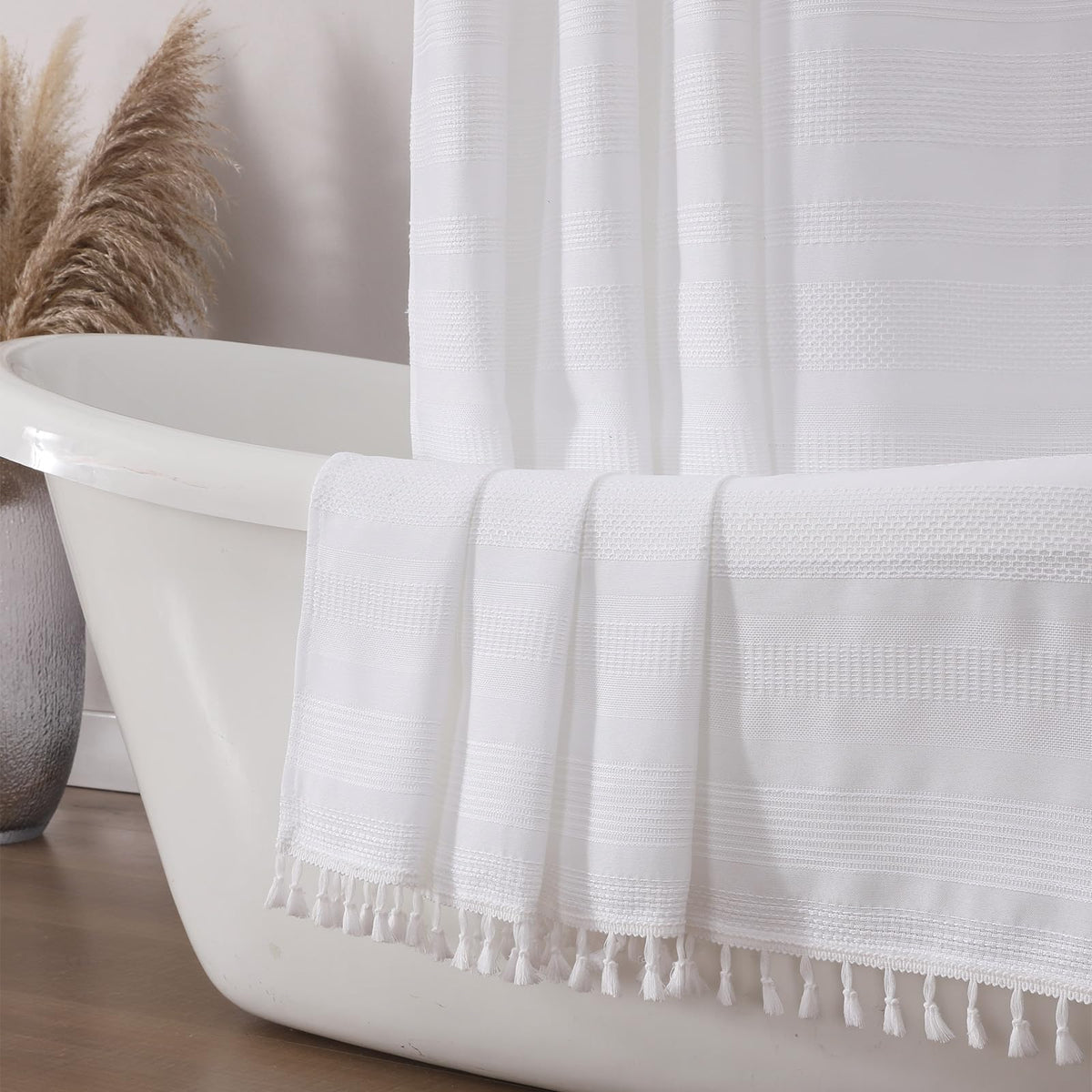 OVZME Extra Long Linen Shower Curtain - 84 Inch Long, Modern Farmhouse Heavy Duty Textured Soft Fabric, Rustic Country Boho Cloth Shower Curtain with Tassel for Bathroom Hotel, 72Wx84L Inches