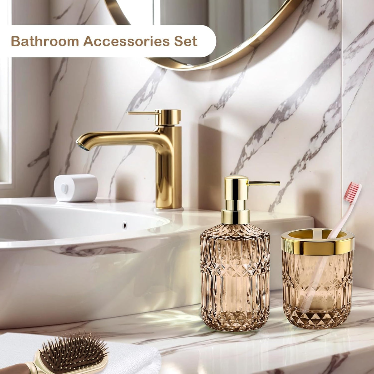 2PCS Brown Glass Bathroom Set, Soap Dispenser & Toothbrush Holder, Vintage
