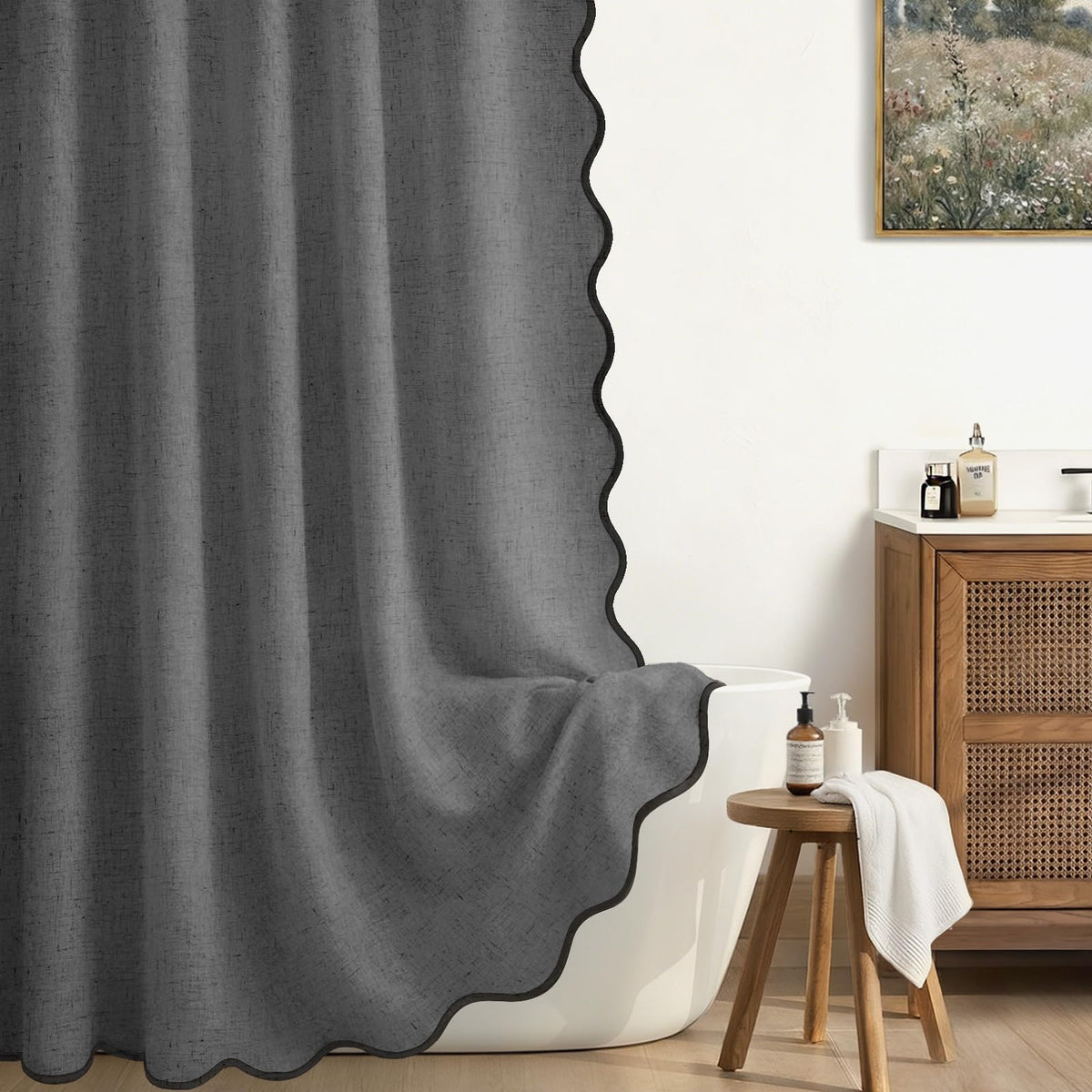 Scalloped Shower Curtain Linen Boho Beige 72" W x 72" L