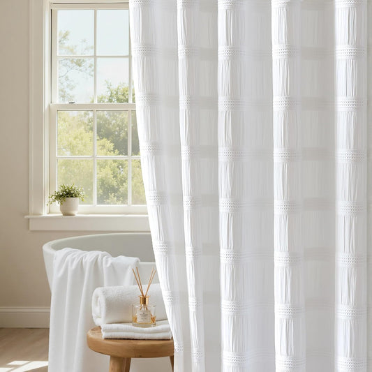 Extra Long White Shower Curtain Farmhouse,72 x 96 Cotton Blend Waffle Tufted Striped Chic Textured Fabric Shower Curtain for Bathroom, Hotel, Washable