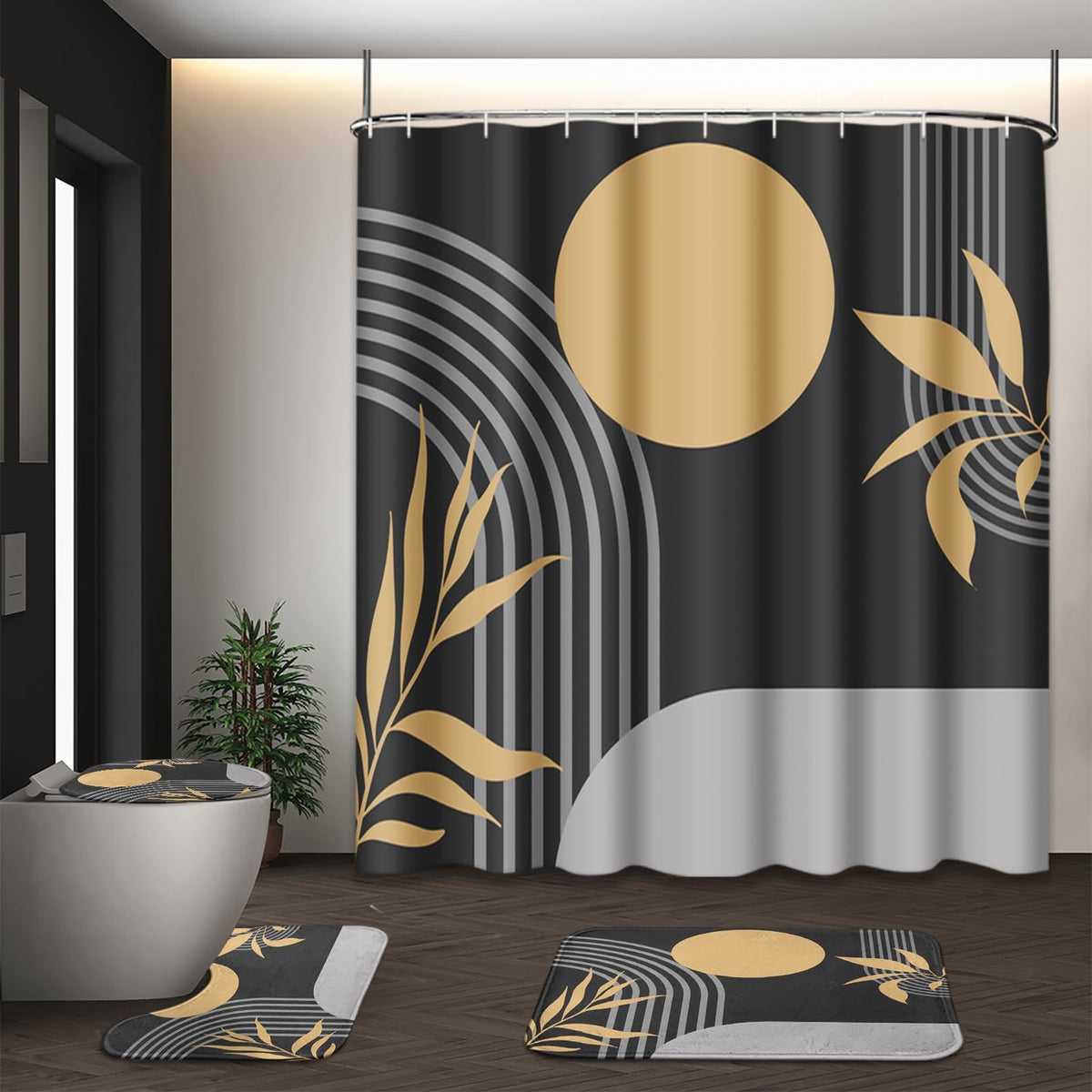 Bathroom Sets with Shower Curtain and Rugs, Set of 4, Boho Sage
