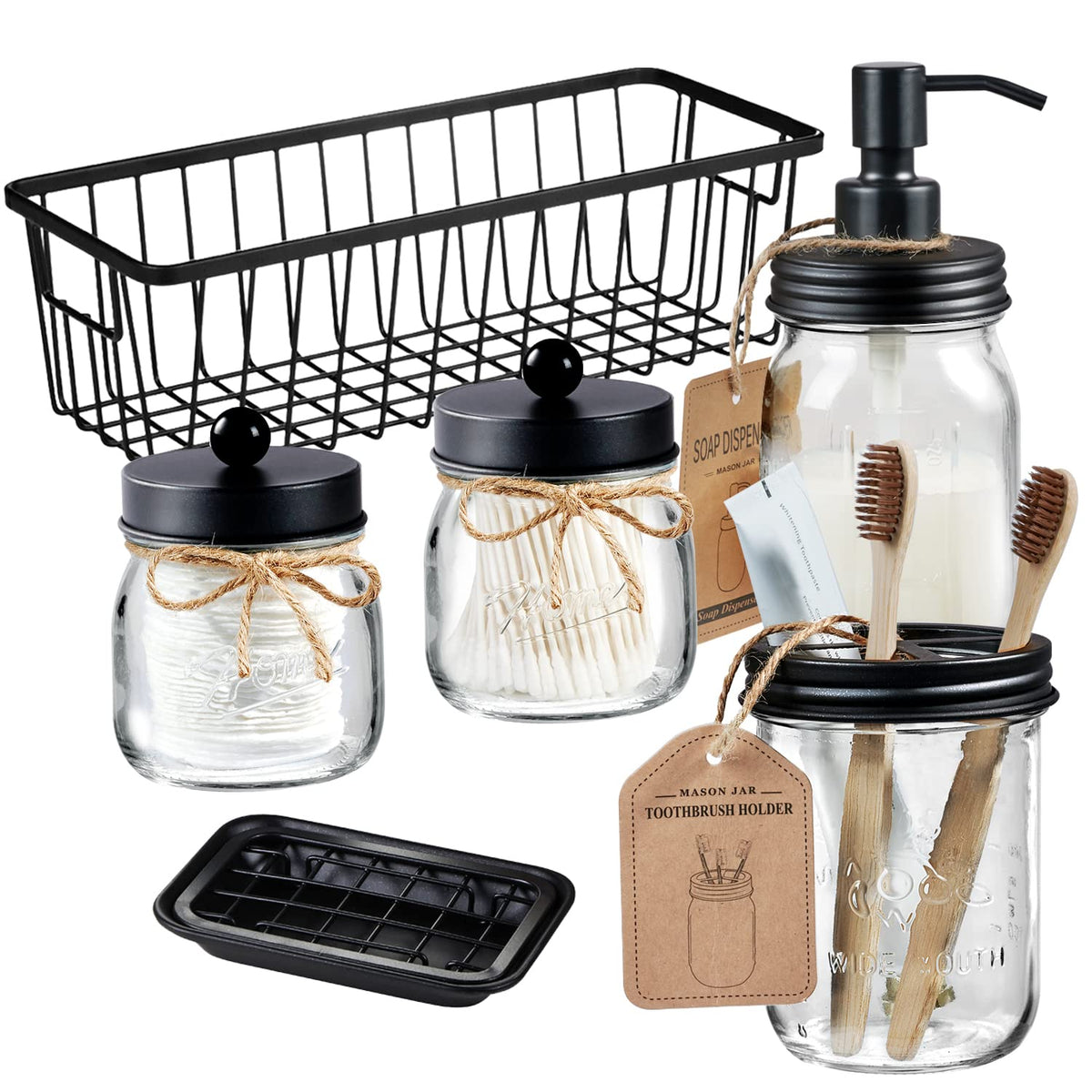 SheeChung Mason Jar Bathroom Accessories Set,6Pcs Rustic Bathroom Set,Brown