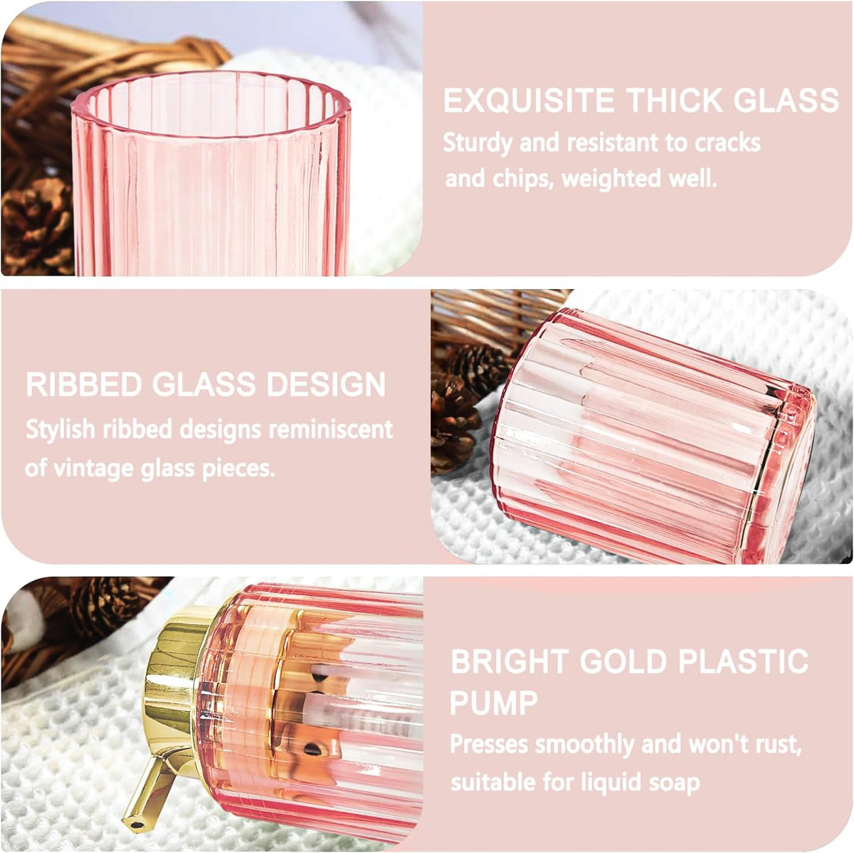 CERBIOR Bathroom Accessories Set, 4 PCS Glass Bathroom Set,Golden Pink