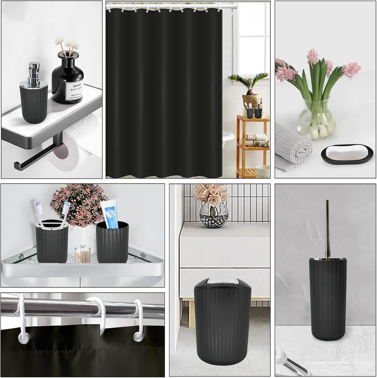 Black Bathroom Accessories Set, 10Pcs Bathroom Accessory Sets Complete with Trash Can, Shower Curtain, Vanity Tray, Soap Dispenser, Soap Dish, Toothbrush Holder&Cup, Toilet Brush&Holder, Qtip Holder