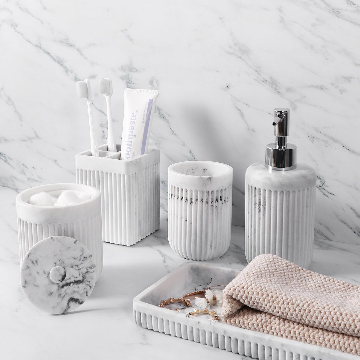 XLHOMO Resin Matte Black Bathroom Accessories Set 5 Pcs, Lotion Soap Dispenser, Toothbrush Holder, Bathroom Tumbler, Qtip Holder and Vanity Tray, Bathroom Countertop Organizer Set for Home Apartment