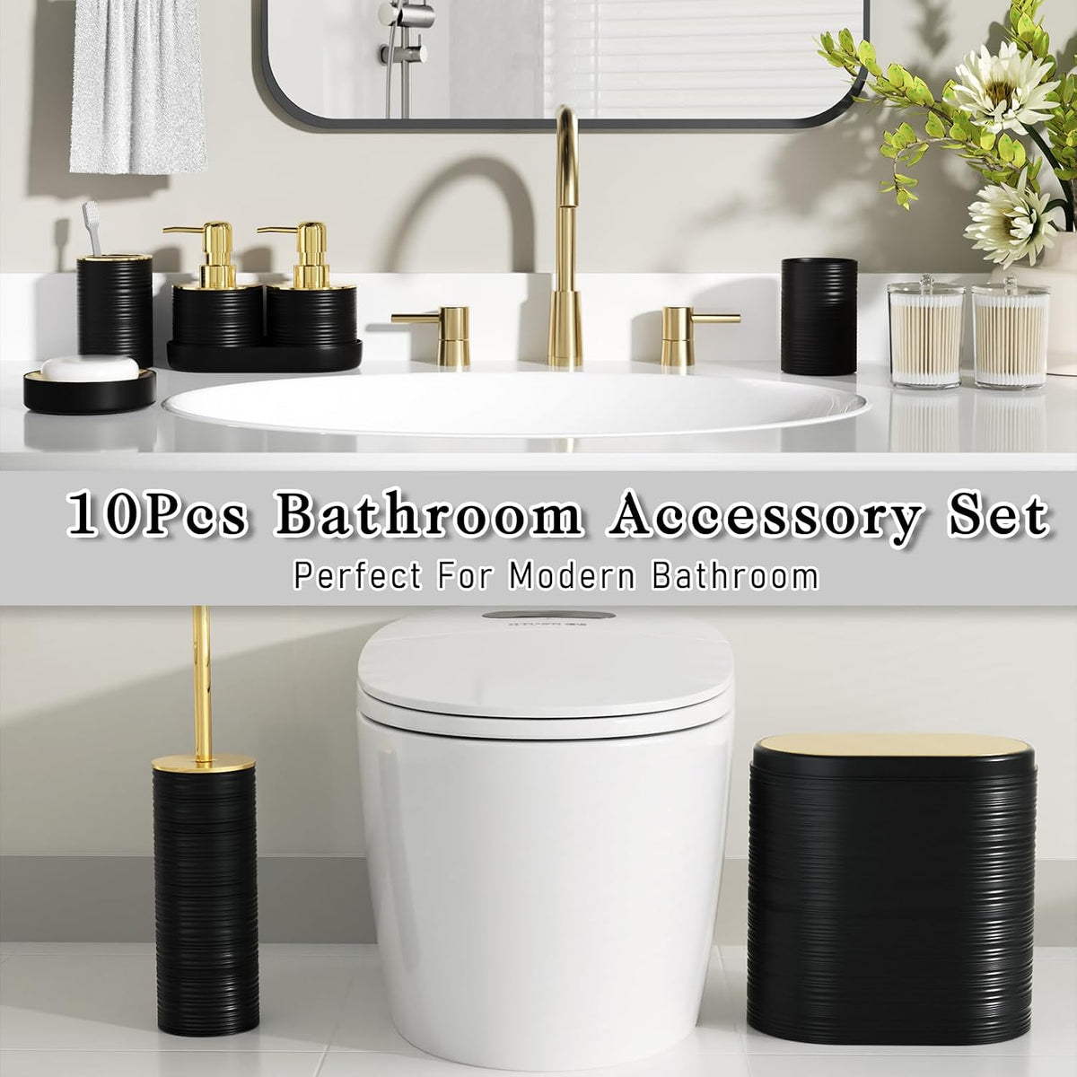 Bathroom Set, 10PC Bathroom Accessory Set, Black Bathroom Accessories, Black and Gold Bathroom Set with Trash Can, Soap Dispensers