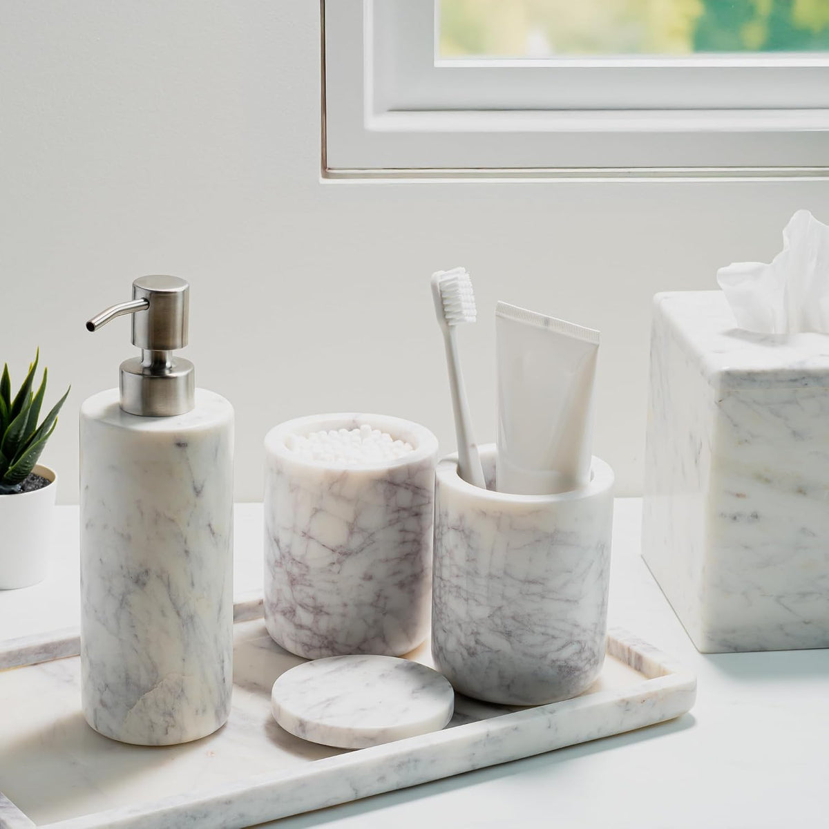 Cork & Mill Marble Bathroom Accessories Set, White Vanity Decor