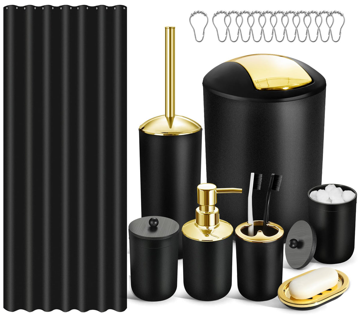 Black Bathroom Accessories Set, 10Pcs Bathroom Accessory Set with Trash Can, Soap Dispenser and Toothbrush Holder, Soap Dish, Cotton Ball & Qtip Holder, Toilet Brush Holder, Tissue Box Cover