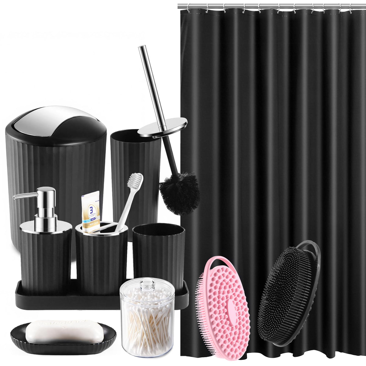 Black Bathroom Accessories Set, 10Pcs Bathroom Accessory Sets Complete with Trash Can, Shower Curtain, Vanity Tray, Soap Dispenser, Soap Dish, Toothbrush Holder&Cup, Toilet Brush&Holder, Qtip Holder