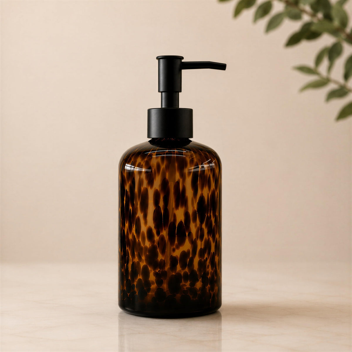 Tortoise Shell Bathroom Accessories | Tortoise Shell Soap Dispenser with Toothbrush Holder | Leopard & Cheetah Bathroom Accessories | Brown Bathroom Decor | Amber Glass Soap Dispenser with Black Pump