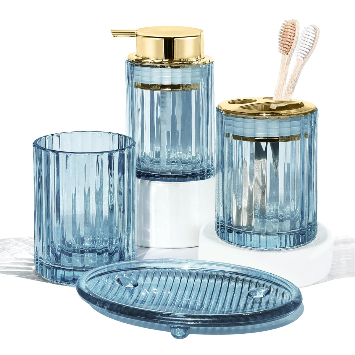CERBIOR Bathroom Accessories Set, 4 PCS Glass Bathroom Set,Golden Pink